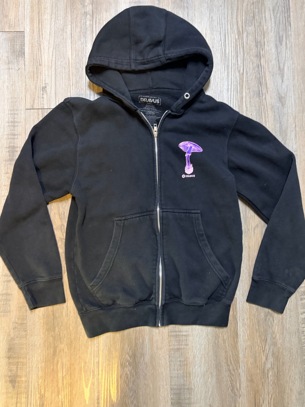 Black Zip-Up Hoodie with Purple Mushroom Graphic Size S